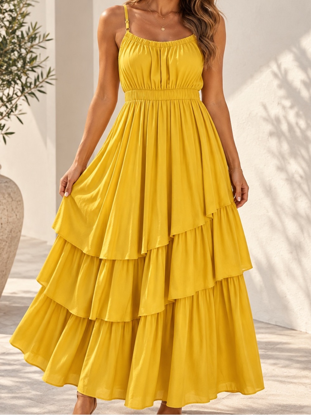 EVERVE Mustard Yellow Tiered Maxi Dress Ruched Bodice S